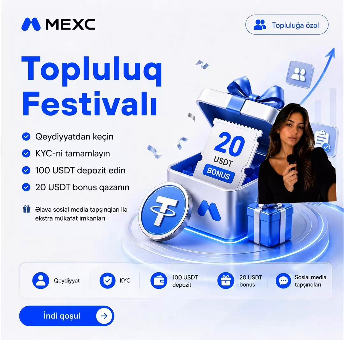 The image features a woman standing next to a blue box with a white ribbon, which has the text "Topulug Festivali" written on it. The woman appears to be holding a cell phone, possibly taking a picture or recording something related to the festival. The image also includes various social media icons and logos, indicating that this event is likely being promoted online as well.
