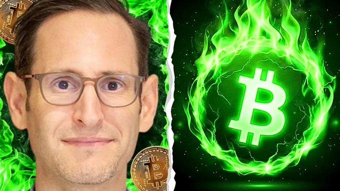 Split-image graphic showing a man with glasses on the left against a green fiery Bitcoin-themed background, and a flaming Bitcoin 'B' logo surrounded by green fire on the right.