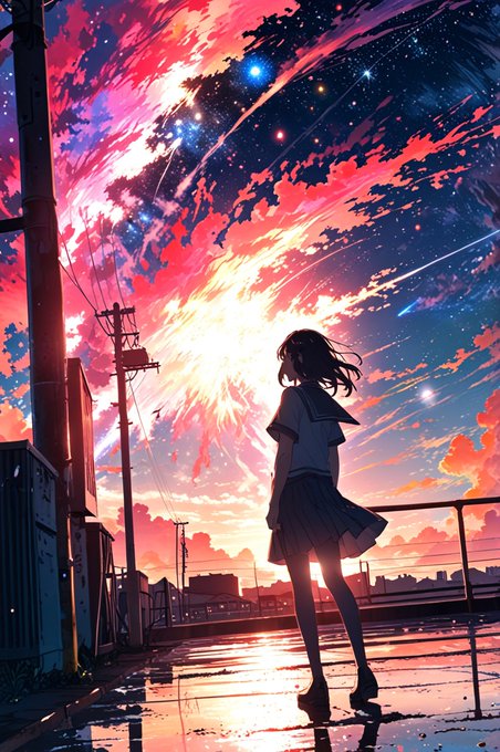 An anime-style illustration depicts a girl in a sailor uniform standing on a wet street, looking up at a dramatic, colorful sunset sky filled with vibrant pink and blue clouds, power lines, and stars.