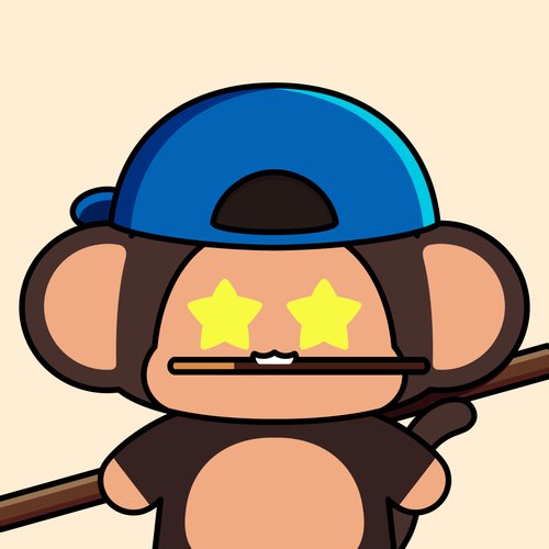 A cartoon monkey wearing a blue cap with star-shaped eyes and a chopstick in its mouth, holding a stick.