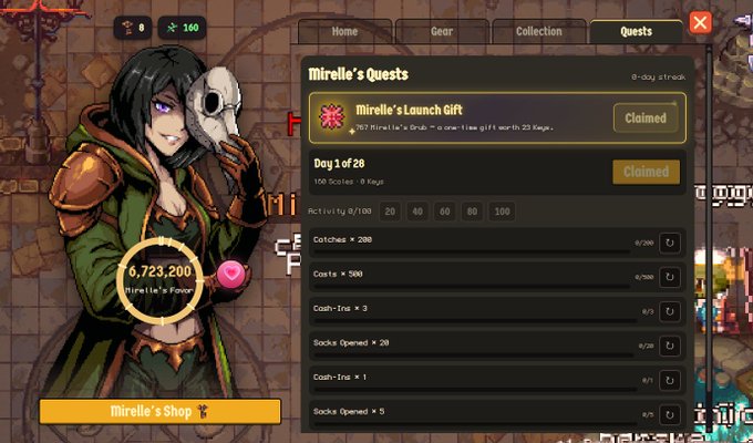 The image shows a "Quests" menu from what appears to be a game on Cambria, featuring a character named "Mirelle" holding a skull mask, with tasks like "Mirelle's Launch Gift" and "Day 1 of 20" already marked as "Claimed." The "Mirelle's Favor" count reads 6,723,200, supporting the post's mention of earning up to $1,300+ by completing fishing quests.