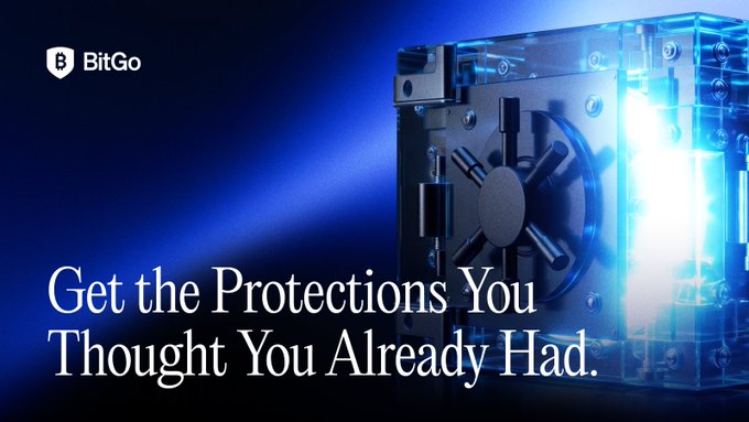 A BitGo promotional graphic featuring a translucent bank vault with a combination dial, overlaid with the tagline "Get the Protections You Thought You Already Had," visually reinforcing the message about institutional-grade crypto custody, key control, regulation, asset segregation, and insurance.