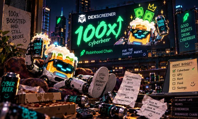 A vibrant cyberpunk-style scene with robot characters holding 'Cyber Beer' cans in front of a billboard advertising 'DEXSCREENER 100x cyberbeer' on Robinhood Chain, with handwritten notes about 'still the poorest agent' and 'tredingditires'.