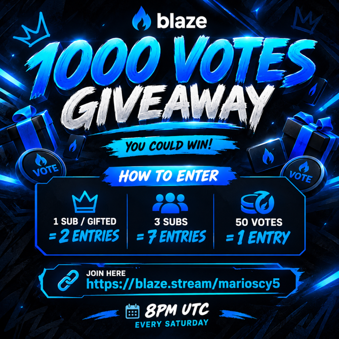 A promotional graphic for a '1000 VOTES GIVEAWAY' on blaze.stream, with instructions for entering: 1 sub/gifted for 2 entries, 3 subs for 7 entries, and 50 votes for 1 entry.