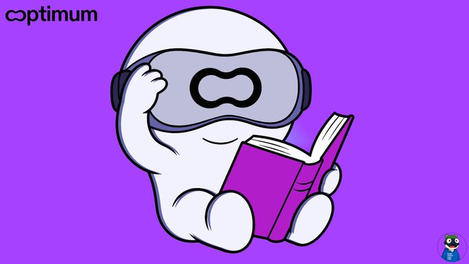 A white cartoon character wearing a VR headset sits reading a pink book against a purple background with the 'Optimum' logo in the corner.