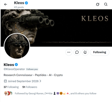 Twitter/X profile for Kleos (@KleosOperator), a Research Connoisseur focused on Peptides, AI, and Crypto, with 43 posts, 37 following, and 51 followers, joined September 2026.