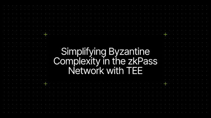 The image shows a black background with white text that reads "Simplifying Byzantine Complexity in the ZKPass Network with TEE" along with green arrows pointing towards the text. The image also contains a small portion of a gray square, which is not part of the main content but adds to the overall visual appeal and contrast between the black background and the white text.