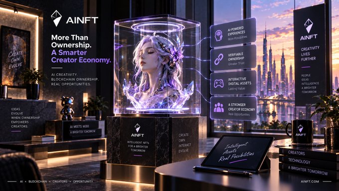 The image is a promotional banner for "AINFT" featuring a glowing holographic bust of a woman inside a glass display, surrounded by text highlighting themes like "More Than Ownership. A Smarter Creator Economy," "AI-Powered Experiences," "Verifiable Ownership," and "Interactive Digital Assets," set against a futuristic cityscape backdrop. It visually reinforces the post's message by depicting blockchain-driven intellectual property protection and creator empowerment in a digital-first world.