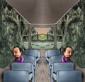 A surreal image showing what appears to be a bus or train interior with seats, windows showing greenery, and figures in the seats, rendered in a mirrored, symmetrical composition.