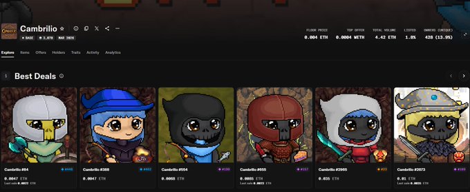 Screenshot of the Cambria NFT collection page on a marketplace showing floor price 0.0047 ETH, top offer 0.0049 WETH, and best deals featuring chibi-style character avatars (#34, #288, #554, #552, #2965, #2873) priced in ETH.