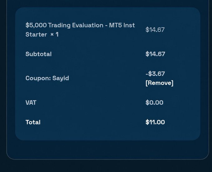 A digital receipt or checkout summary showing a subtotal of $14.67 for a '$5,000 Trading Evaluation - MT5 Inst Starter', a coupon discount of -$3.67 (coupon: Sayid), $0.00 VAT, and a final total of $11.00.