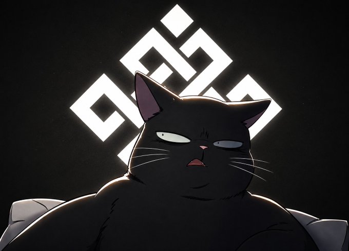 A dark illustration of a black cat with an unimpressed expression, set against a black background featuring a glowing white Binance logo.