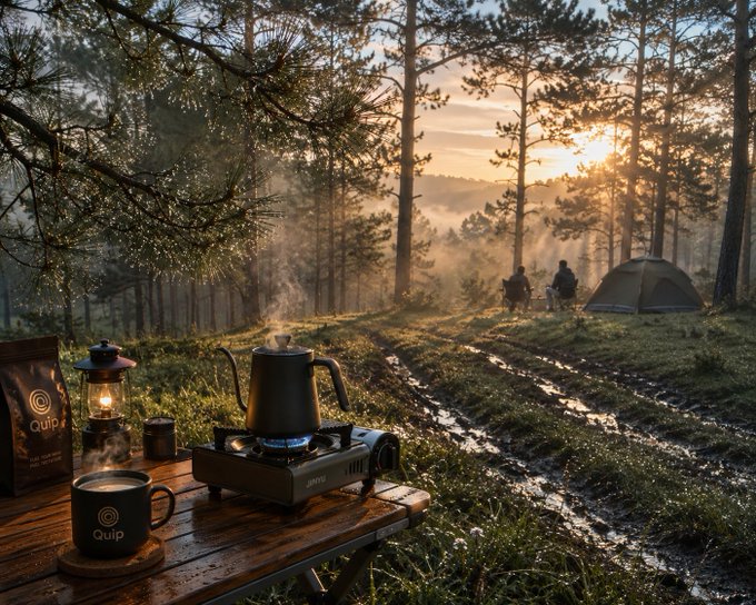 A fantasy camping scene shows a gooseneck kettle steaming on a portable stove next to a lantern, with a tent and figures in a misty forest at sunrise.