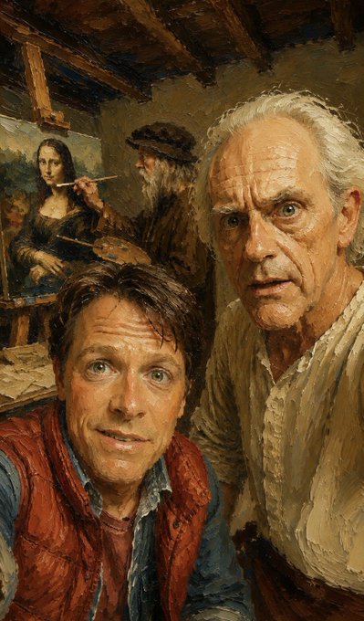 The image depicts a man taking a selfie next to an older gentleman. They are both smiling and appear to be in front of some art supplies or a painting. The background features another person, likely the artist who painted this scene, as they hold a paintbrush near their artwork. The text in the post suggests that there is information about cryptocurrency prices displayed, with Bitcoin being the primary focus. The image does not directly connect to the discussion on cryptocurrency and stock markets; instead, it serves as an artistic representation of people interacting or posing for a photograph around an art-related context.