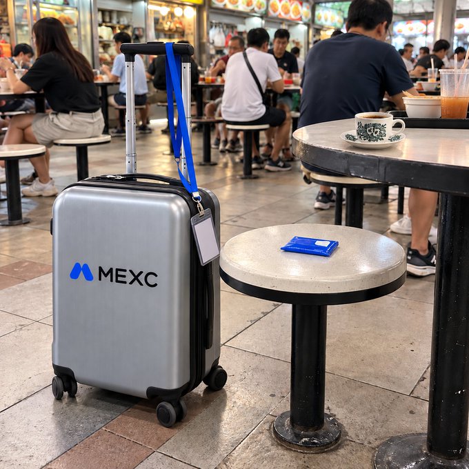 A silver suitcase branded with the "MEXC" logo and lanyard sits next to a stool holding a coffee cup and badge at a bustling hawker center, humorously illustrating the caption's suggestion of being at the wrong venue (a food court instead of the crypto conference) while still securing a seat for TOKEN2049.