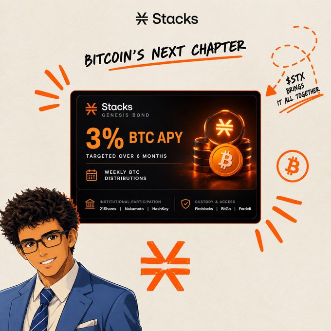 A promotional graphic for 'Stacks Genesis Bond' advertising 3% BTC APY targeted over 6 months, alongside an illustration of a young man.
