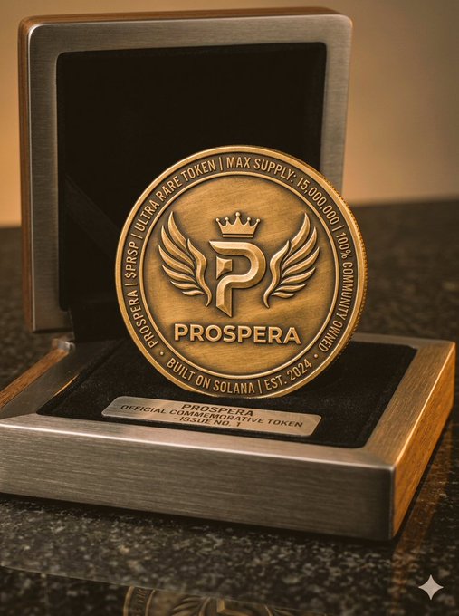 The image features a gold coin with the word "PROSPERA" written on it, placed inside a silver box or case. The coin appears to be a limited edition item, as indicated by the text "Built from scratch for the long term." It is described as an "Ultra-rare security: Mint will be revoked Status: Minted. Market not open yet. Join us from day one!".