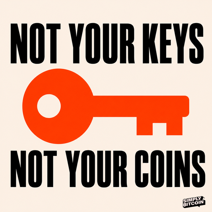 A graphic featuring an orange key icon with the text 'NOT YOUR KEYS NOT YOUR COINS' in bold black letters, branded with the 'Simply Bitcoin' logo in the corner.