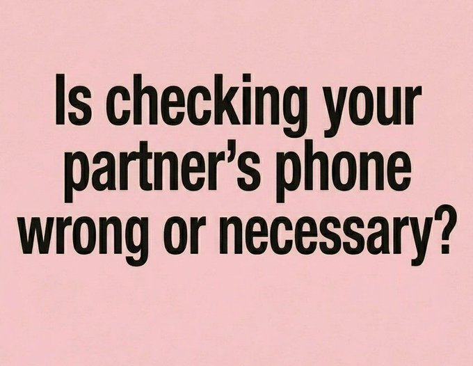 A pink text card asks, “Is checking your partner’s phone wrong or necessary?” in large black letters.