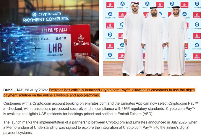 A news article featuring images of a crypto.com boarding pass and Emirates executives, with text announcing the launch of 'Crypto.com Pay™' for Emirates customers in Dubai, UAE on 28 July 2026.