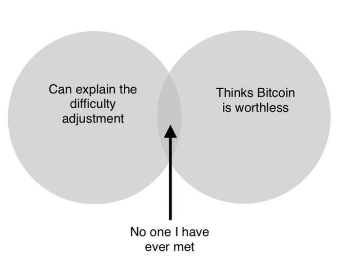 A Venn diagram shows two overlapping circles labeled "Can explain the difficulty adjustment" and "Thinks Bitcoin is worthless," with an arrow pointing to the small intersection captioned "No one I have ever met."

The image humorously illustrates the post's argument by suggesting that no real person both understands Bitcoin's technical fundamentals (like the difficulty adjustment) and dismisses it as worthless—implying that Bitcoin skeptics typically lack genuine technical knowledge of how the network functions.