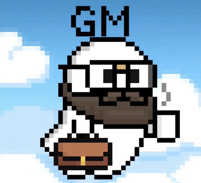 Pixel art of a Santa-clad character with sunglasses floating in the sky with the text 'GM' above him.