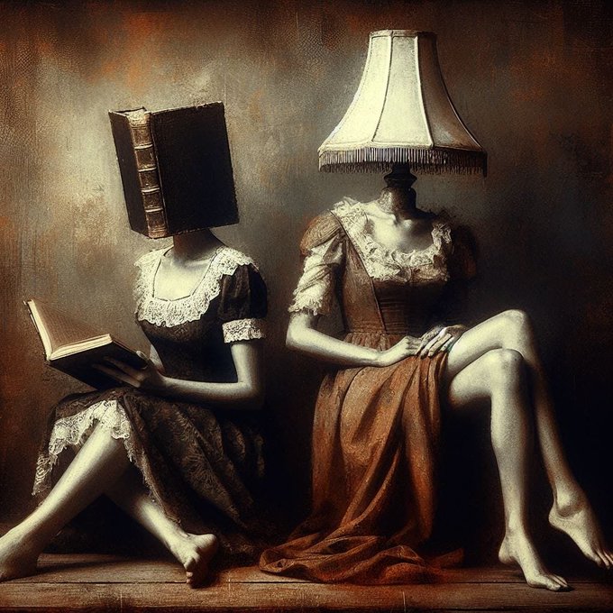 A surreal artwork depicts two seated figures in vintage dresses, their heads replaced by a thick brown book and a table lamp with a fringed shade, both reading books.