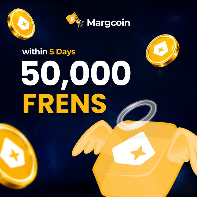 Margcoin celebrates a major milestone with a promotional graphic announcing it reached 50,000 community members ("Frens") in just 5 days, featuring its signature gold coin mascot with angel wings and halo alongside the official Margcoin logo.