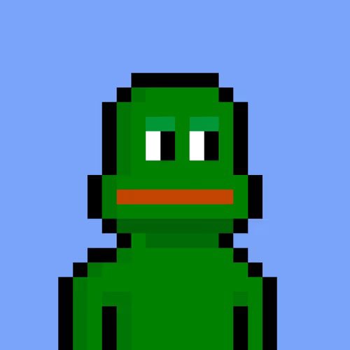 A simple pixel art character with a green face and black outlines against a solid blue background.