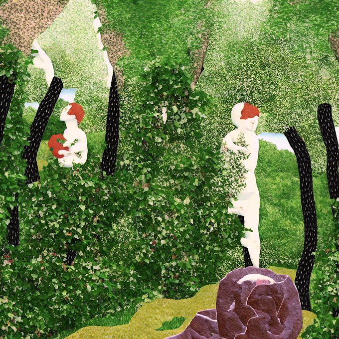 A digital collage depicting figures in a forest setting with ivy-covered trees and a large purple rose in the foreground.
