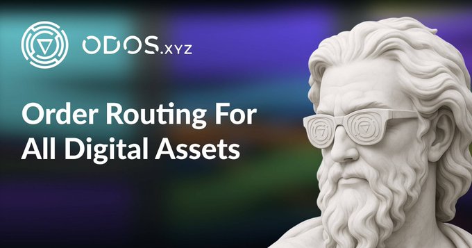 Promotional banner for ODOS.xyz featuring a classical statue wearing branded sunglasses with the tagline 'Order Routing For All Digital Assets'.