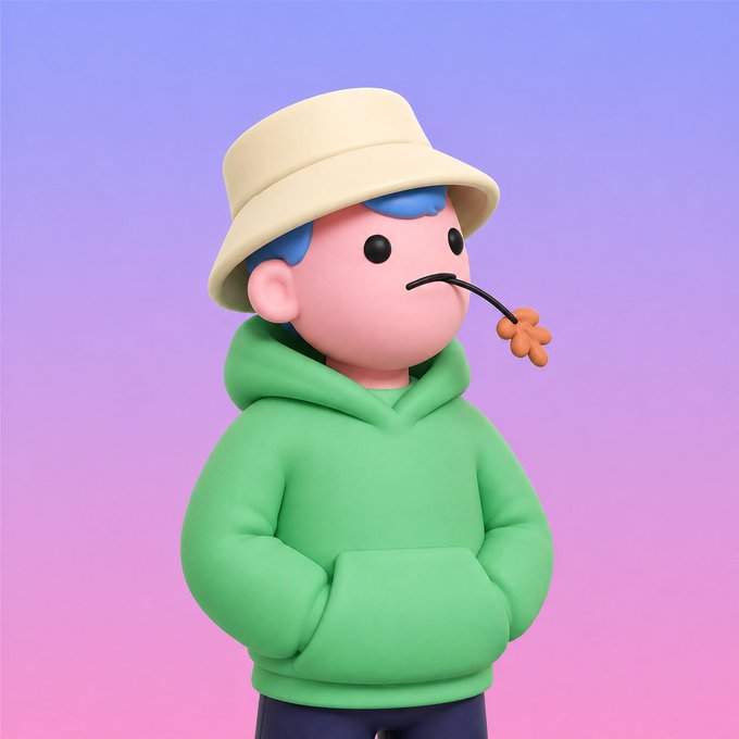 3D-rendered character illustration of a cute figure with blue hair wearing a green hoodie and beige bucket hat, with a flower stem in their mouth against a pink-purple gradient background.