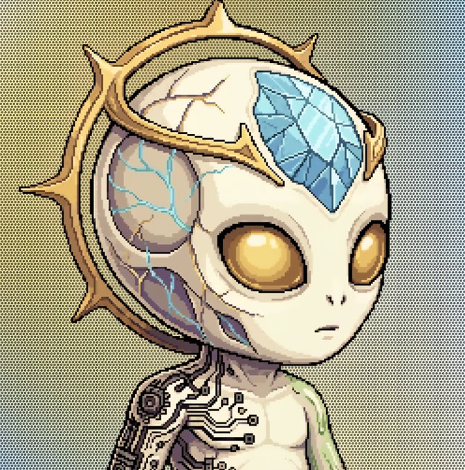 The image features an illustration of a small alien character with a white body and blue eyes, wearing a gold crown and holding a sword. The background consists of a gradient of colors that blend together into one another. The caption "Every Void has a story. Thanks, Adam, for sharing it with the community." is written above the image.