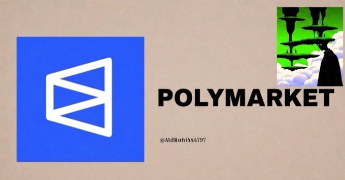 A Polymarket promotional image showing the platform's blue logo alongside the text 'POLYMARKET' and the handle @MdRahiAA797.