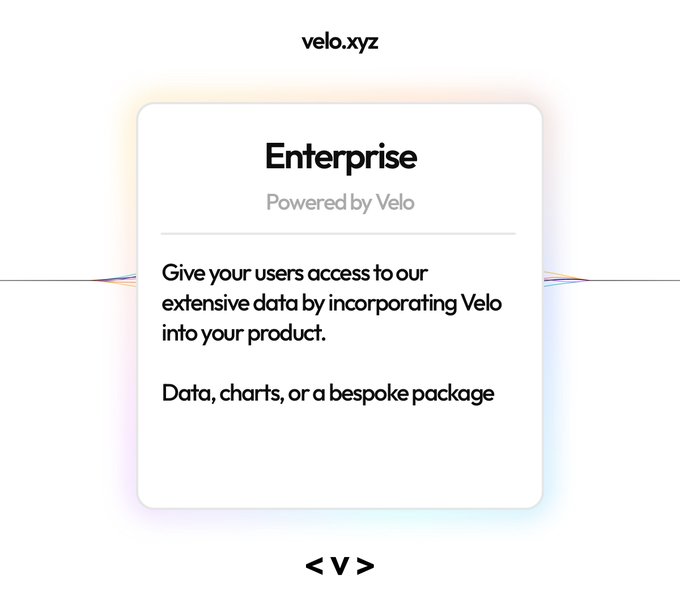 A promotional graphic for velo.xyz displaying an "Enterprise" tier card powered by Velo, which invites businesses to integrate Velo's data, charts, or bespoke packages into their products, aligning with the post's message about opening up Velo's data and analytics services for business partnerships.