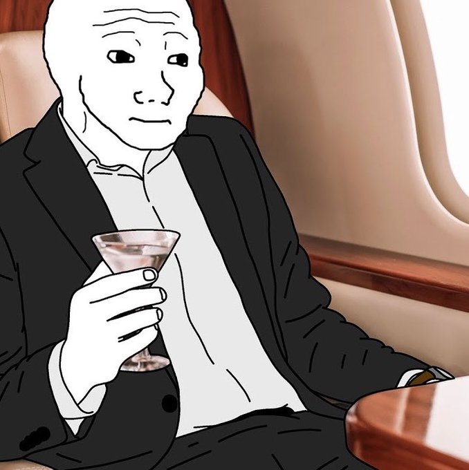 An illustrated Wojak character in a suit holds a martini glass while sitting on an airplane.