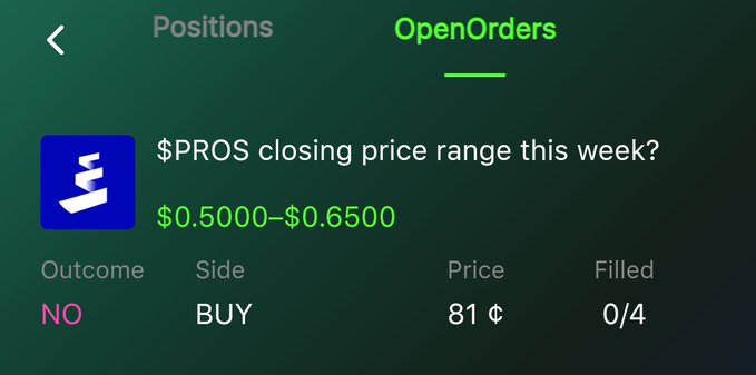 A trading app screenshot showing an open order on $PROS with a buy side at price 81¢, alongside the text "$PROS closing price range this week? $0.5000–$0.6500".