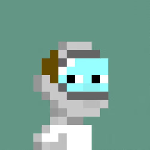A simple pixel art drawing depicts a figure with a cyan robotic face and brown hair against a solid green background.