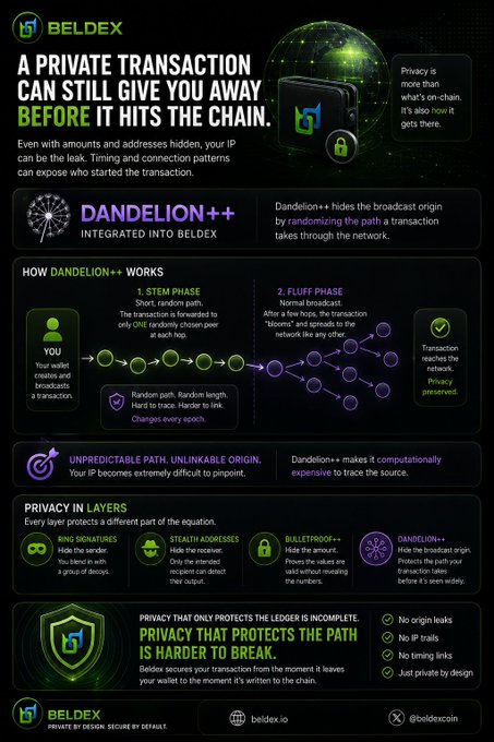 This infographic from Beldex explains how even private transactions leak metadata through their broadcast path, highlighting their "Dandelion++" protocol integrated into Beldex, which hides the broadcast origin by randomizing a transaction's network path across two phases: a stem phase using a single chain with random timing/length, and a fluff phase that spreads the transaction like a "Broom" across the network. It emphasizes that "privacy that only protects the ledger is incomplete"—true anonymity requires protecting the path through the network, with features like no origin leaks, no IP trails, no timing links, and privacy by design.