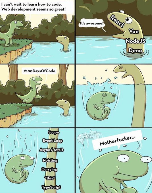 A 'Dinosaur Game' style comic depicts a beginner excited to learn web development, only to be overwhelmed by JavaScript complexities (Scope, Event Loop, Async/Await, Hoisting, Currying, 'this', TypeScript) and escape to Valhalla, with the beginner saying 'I can't wait to learn how to code. Web development seems so great!' and the Loch Ness Monster shouting 'Motherfucker...'.