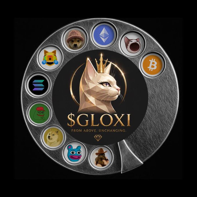 A circular metallic emblem featuring a crowned white cat in the center with the text '$GLOXI' and 'FROM ABOVE, UNCHANGING.', surrounded by smaller circles containing cryptocurrency logos (Ethereum, Bitcoin, Solana) and meme images (Dogecoin, Shiba Inu, Wojak).