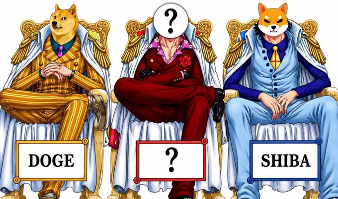 Anime-style illustration of three characters on ornate thrones with dog heads: DOGE on the left, an unknown character marked with a "?" in the middle, and SHIBA on the right.