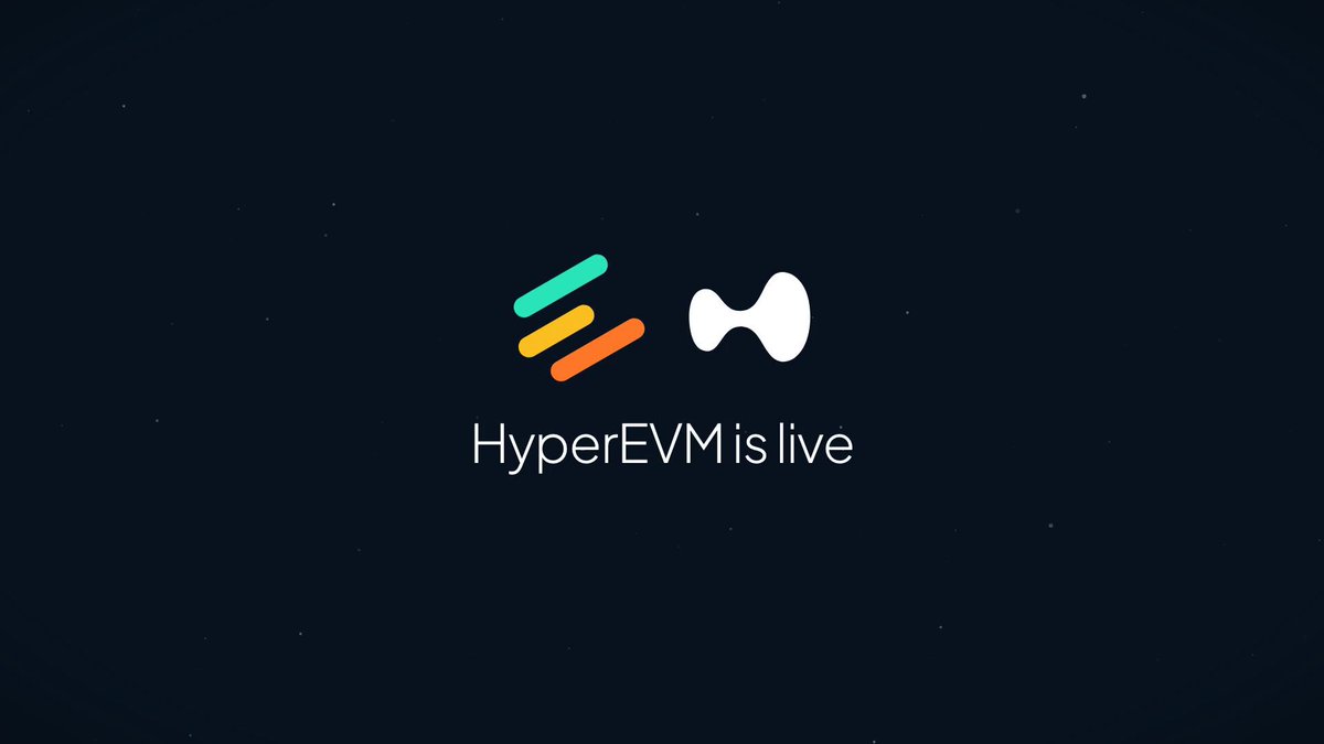 The image features a logo that reads "HyperEVM is live" written in white text against a dark blue background. The logo also includes two illustrations, one of a white circle with an arrow pointing towards it and another of a white line with an arrow pointing away from it. These illustrations are positioned at the top left corner and bottom right corner of the image respectively. The post is about HyperEVM, which is a lending platform for the Hyperliquid ecosystem that offers composable collateral and configurable vault parameters.