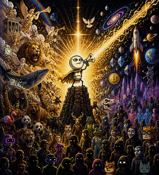 A chaotic, densely packed digital illustration featuring a central figure with a megaphone standing on a mountain, surrounded by a wide array of characters, animals, and crypto symbols under a radiant starry sky.