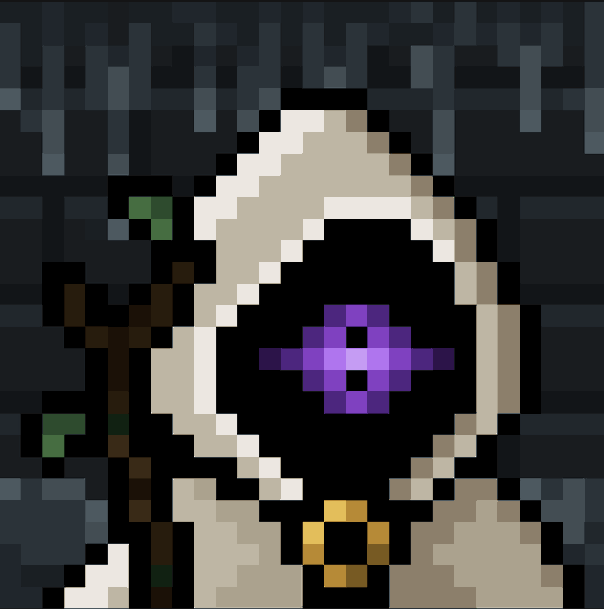 Pixel art of a hooded, robed figure with a purple cross design on the face covering, holding a wooden staff with green leaves, set against a dark stone background.