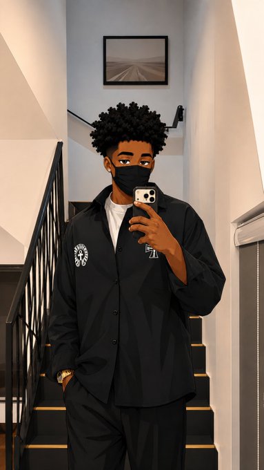 A stylized animated illustration shows a person wearing a black jacket with "Ethra" branding taking a mirror selfie with a phone on a staircase.

The image doesn't directly relate to the maritime shipping/RWA investment post—instead, the "Ethra" branding on the jacket visually echoes the "@EthraShip" handle mentioned, creating a loose stylistic connection rather than a literal illustration of ships or investors.