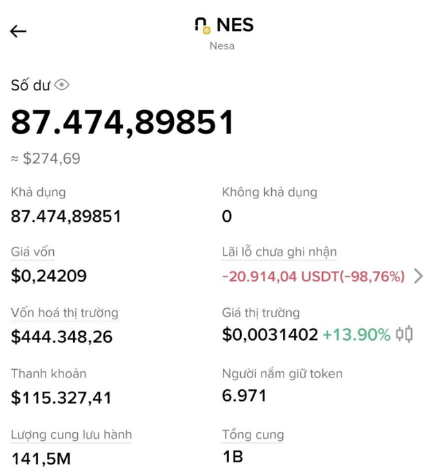 A cryptocurrency wallet screenshot showing 'NES' (Nesa) token with a balance of 87.47489851 (~$274.69), a price of $0.0031402 (+13.90%), and a market cap of $444,348.26.