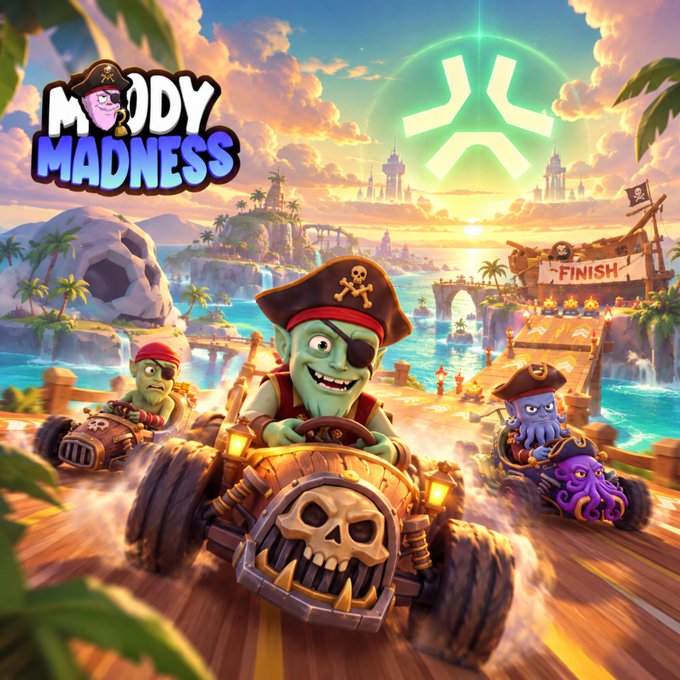The image showcases vibrant promotional artwork for "MODY MADNESS," featuring cartoonish pirate characters—including a green-skinned captain, a one-eyed racer, and an octopus-faced competitor—racing skull-themed go-karts on a tropical track toward a "FINISH" banner, with a glowing green Abstract logo in the sunset sky, perfectly setting the playful, adventurous tone for the AMA discussing the upcoming MM Pirates season and other Abstract ecosystem updates.