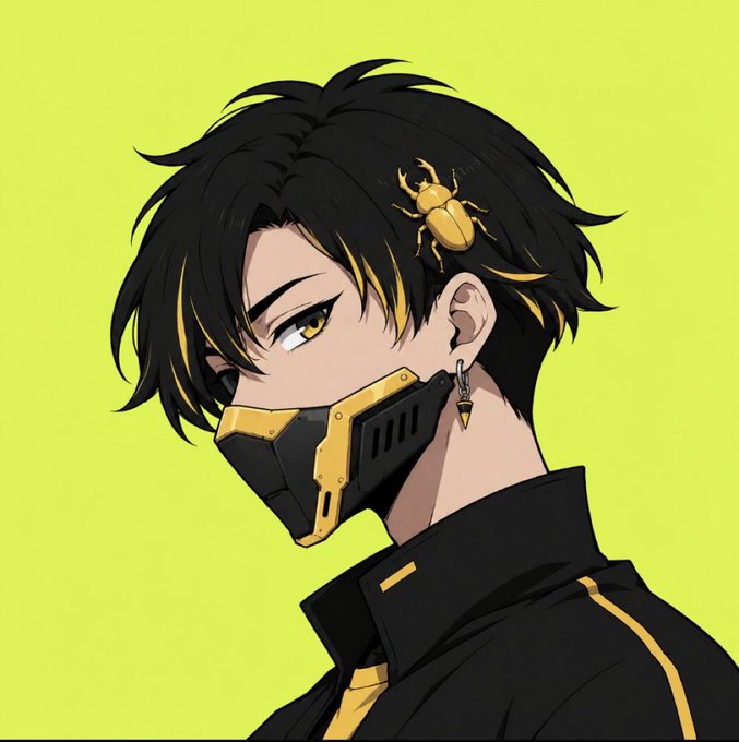 An anime-style illustration depicts a side profile of a character with black and yellow hair wearing a black and yellow respirator mask, with a golden scarab beetle on their head and a small earring, set against a bright lime-green background. The bold black and yellow color scheme of the character visually echoes the brassy beetle and ties into the rugged, edgy aesthetic often associated with NFT project branding and giveaway promotions.