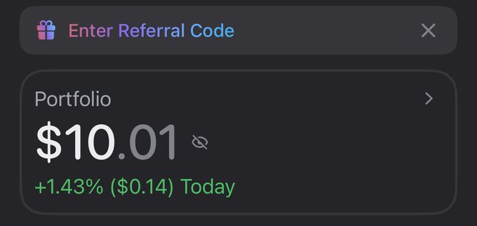 A screenshot of a portfolio dashboard displaying a balance of $10.01, up +1.43% ($0.14) today, with an "Enter Referral Code" banner at the top. The image humorously reinforces the post's claim about reaching the $10 milestone, playfully suggesting that $10 is enough to surpass 90% of people (referencing the "Lao Mi" or Robinhood investor).